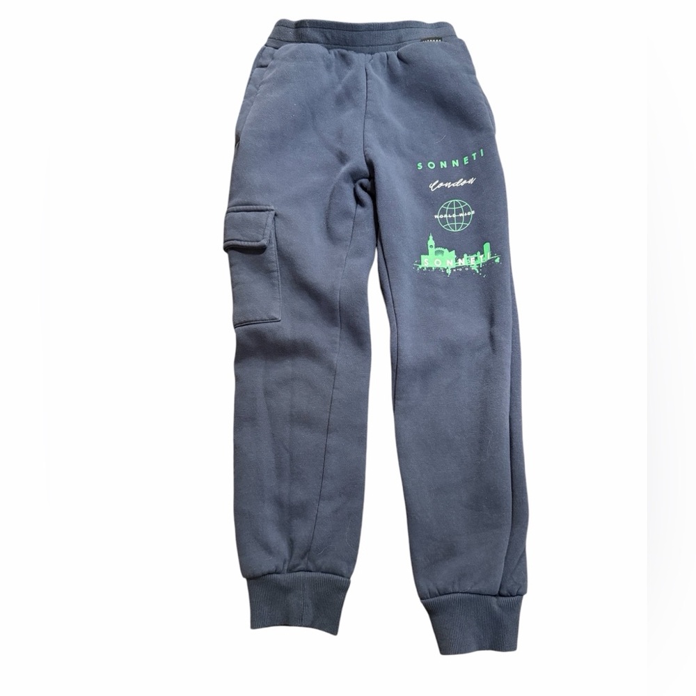Boys Navy Joggers with Neon Green Graphic. Used